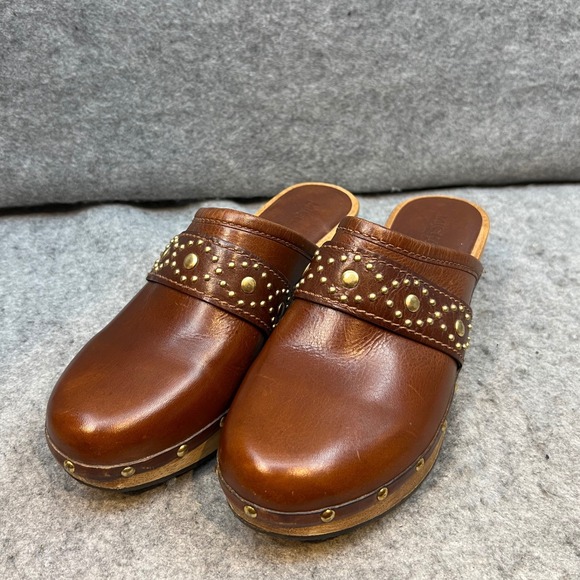Michael Kors Studded‎ Leather Clogs Mules Brown Wooden Heel Women's Shoes Size 7 - Picture 2 of 9